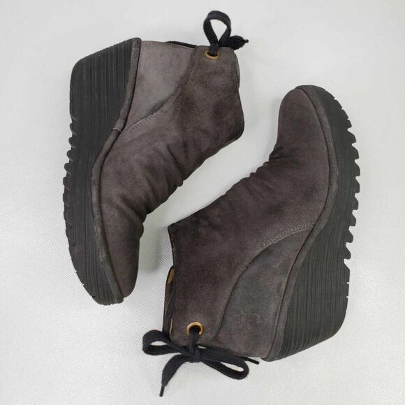 FLY London Suede Ruched Ankle Boots with Tie Detail Gray Women's Size 8 Wedge - Picture 4 of 9